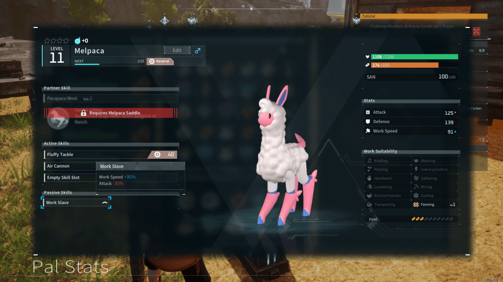 A pal with the Work Slave skill in Palworld
