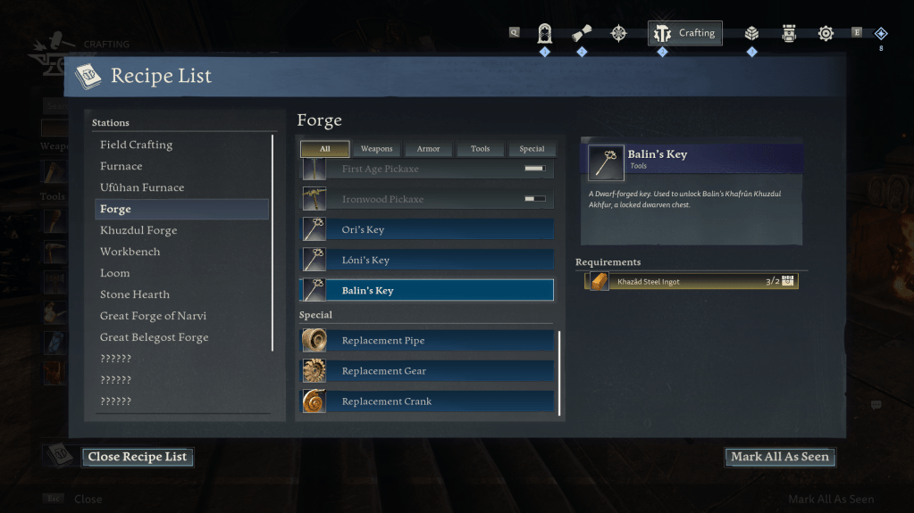 Crafting UI for Balin's key in return to moria