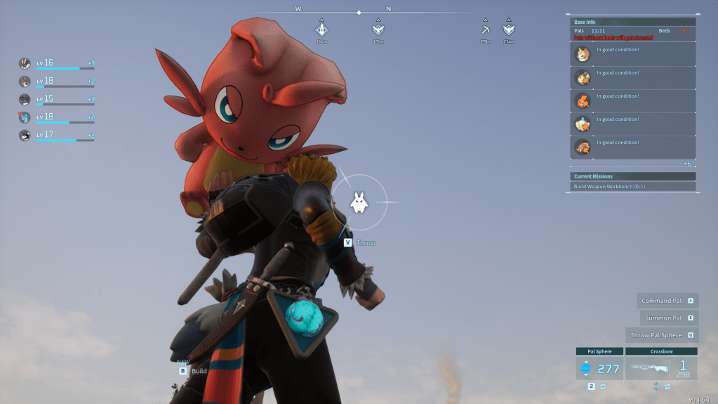 Cattiva looking down at the camera while being hoisted up in the air in palworld