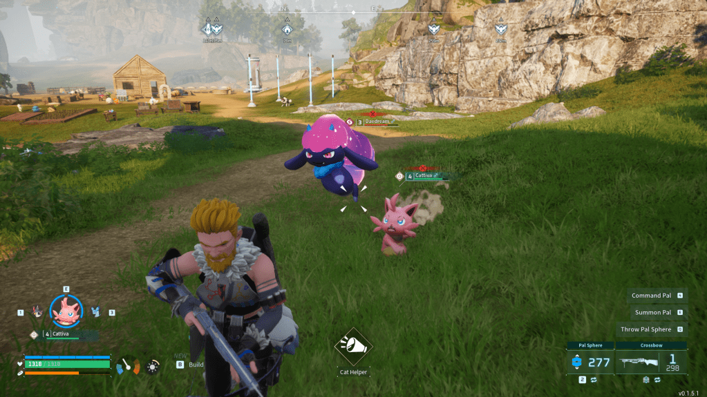 Cattiva swiping at Daedream in a meadow in palworld