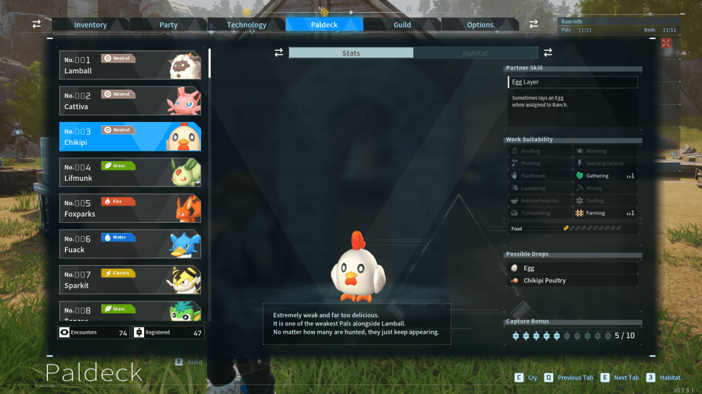 Paldeck UI for Chikipi in palworld