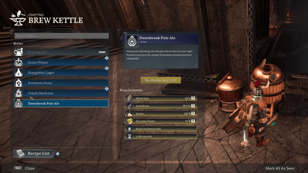 Crafting resources for dawnbreak pale ale in return to moria
