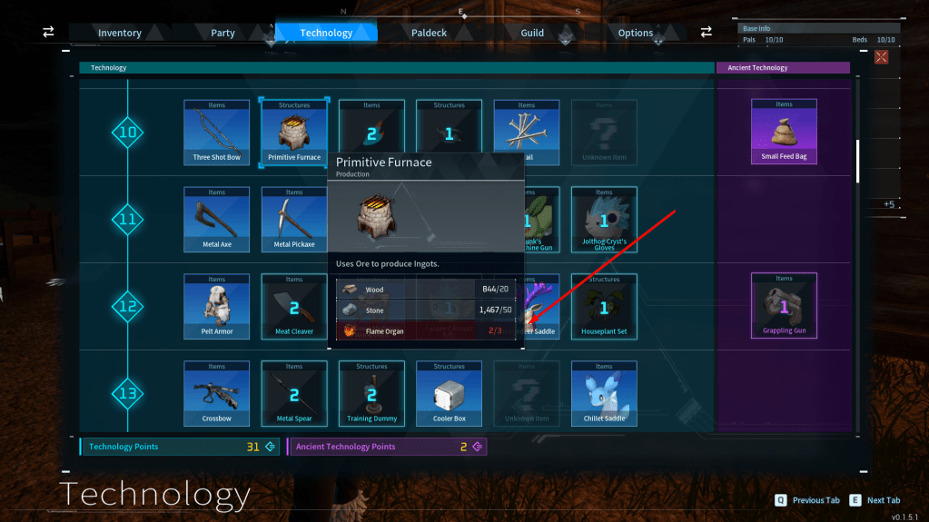 Technology UI showing the primitive furnace in palworld