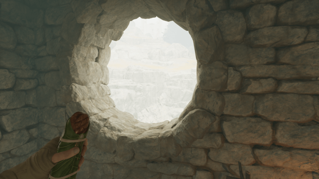 A person holding some meat wrapped in lettuce in front of a circular window in nightingale