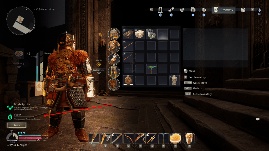 Utility UI showing the buff from ironheart stout in return to moria