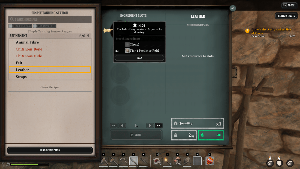 Crafting UI for leather in Nightingale