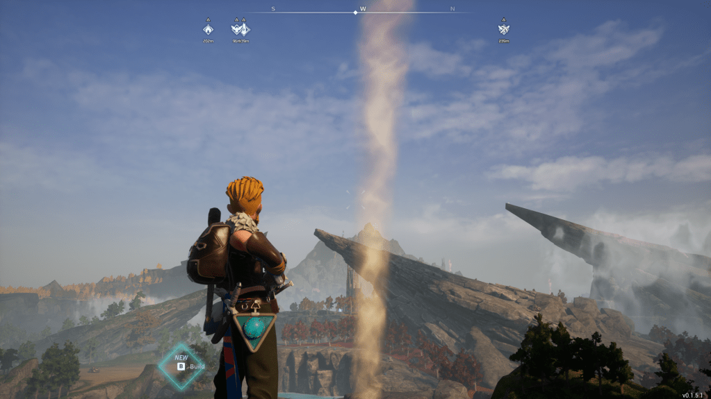 A plume of smoke with mountains in the background in palworld