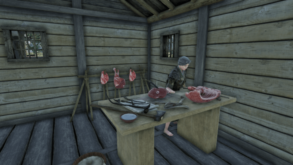 Woman working at a butcher table in sengoku dynasty