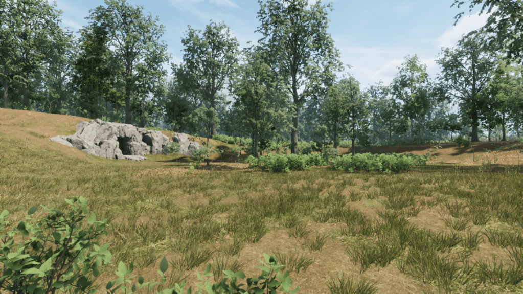 Cave mouth opening into a meadow with a nearby forest in sengoku dynasty