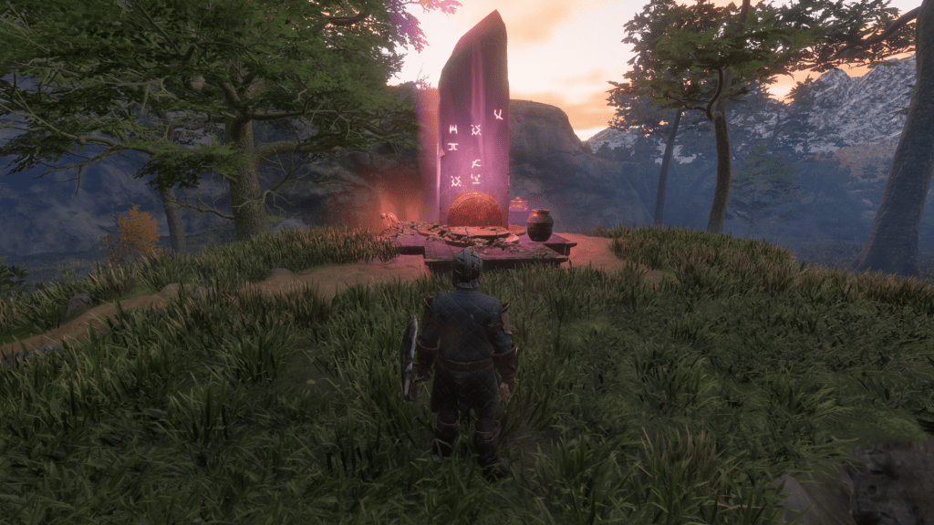 A glowing red obelisk in a forest in enshrouded