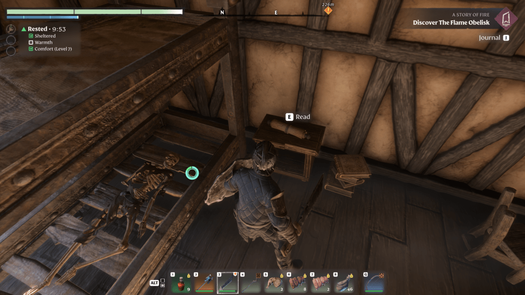A scroll sitting on a nightstand next to a skeleton in a bed in enshrouded